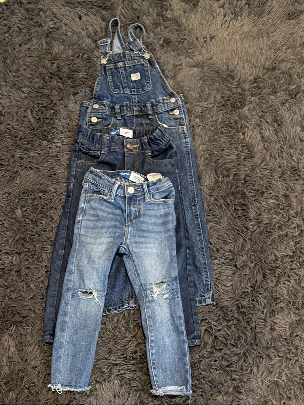 Old Navy Kids Denim Lot - Light Blue Ripped Jeans & Dark Blue Overalls
